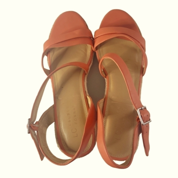 LC Lauren Conrad Strappy Wedge Heels Espadrilles Spearmint Coral Sandals Sz 10 - Picture 10 of 11